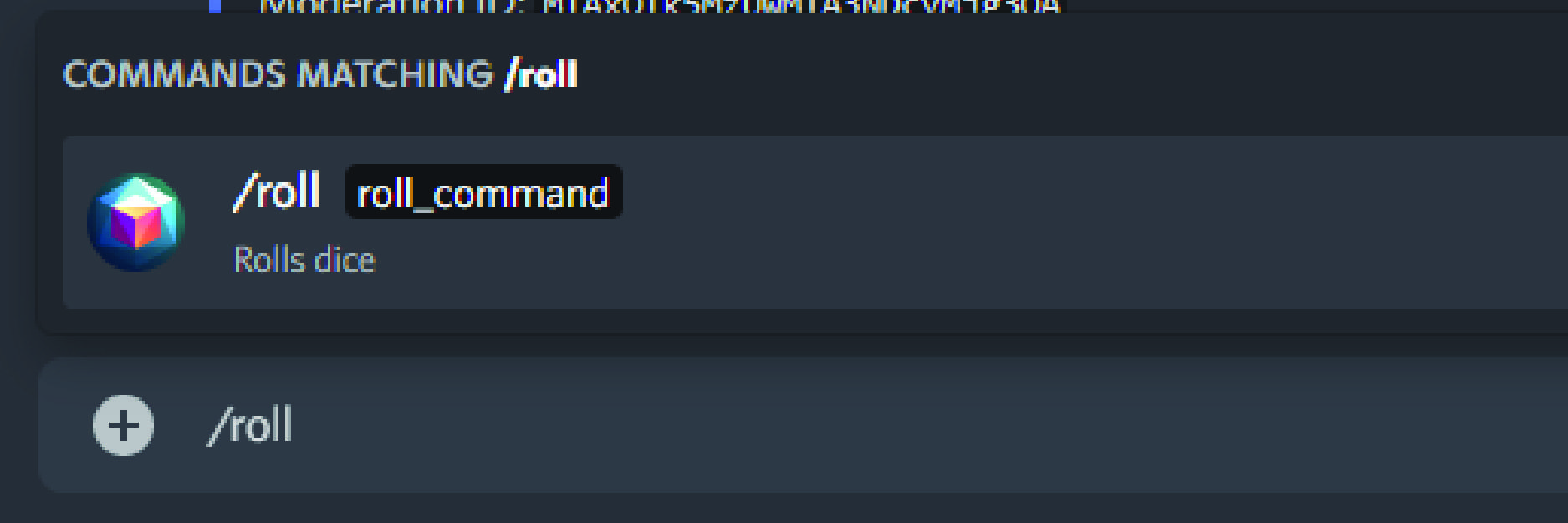 Screenshot of Discord showing the text /roll in the text field with a menu option presented for Dicecord also saying "/roll"