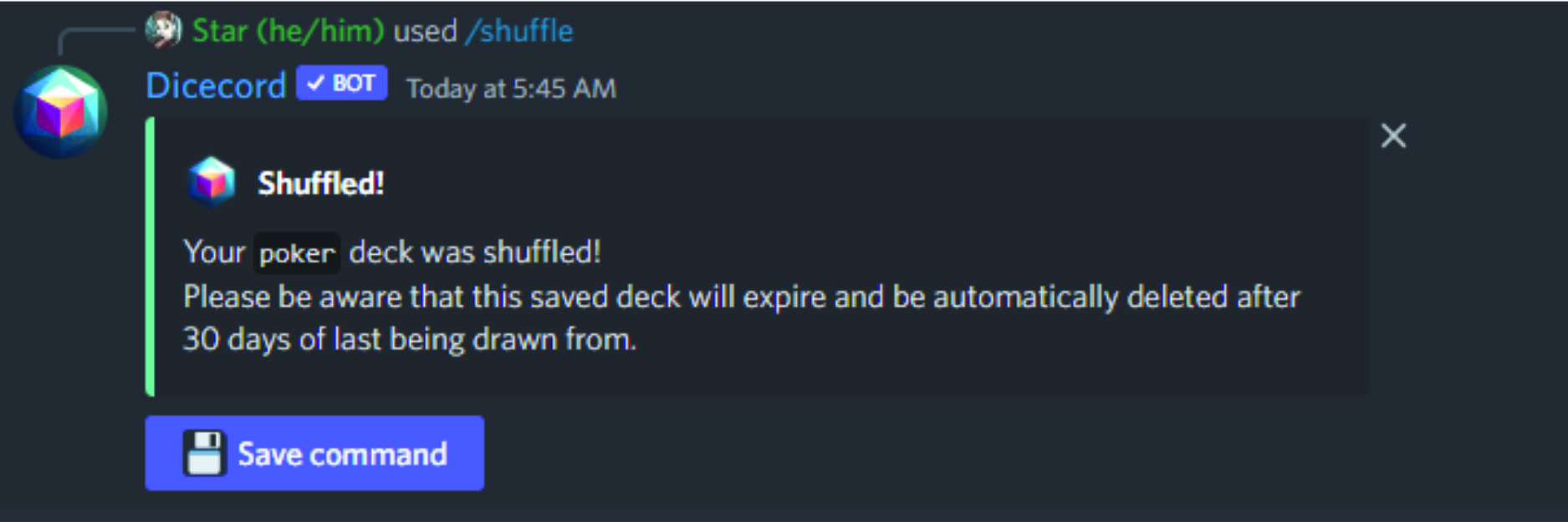 Screenshot of Discord with Dicecord confirming that a deck has been shuffled for the selected channel.