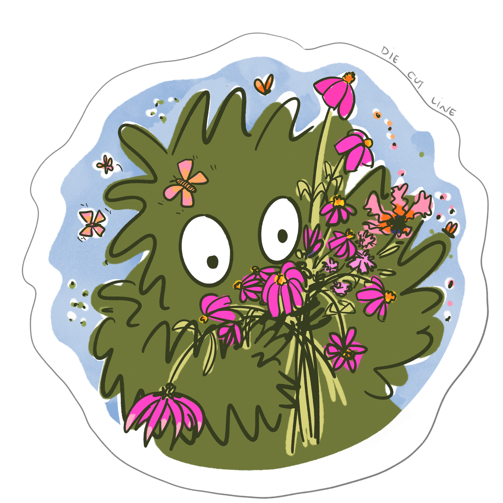 'Go the Wood Nymphlet' sticker design by Kate Barbaria. A fun, squiggly drawing of Go, the fuzzy green mascot, holding a bouquet of bright pink wildflowers, surrounded by butterflies and motes.