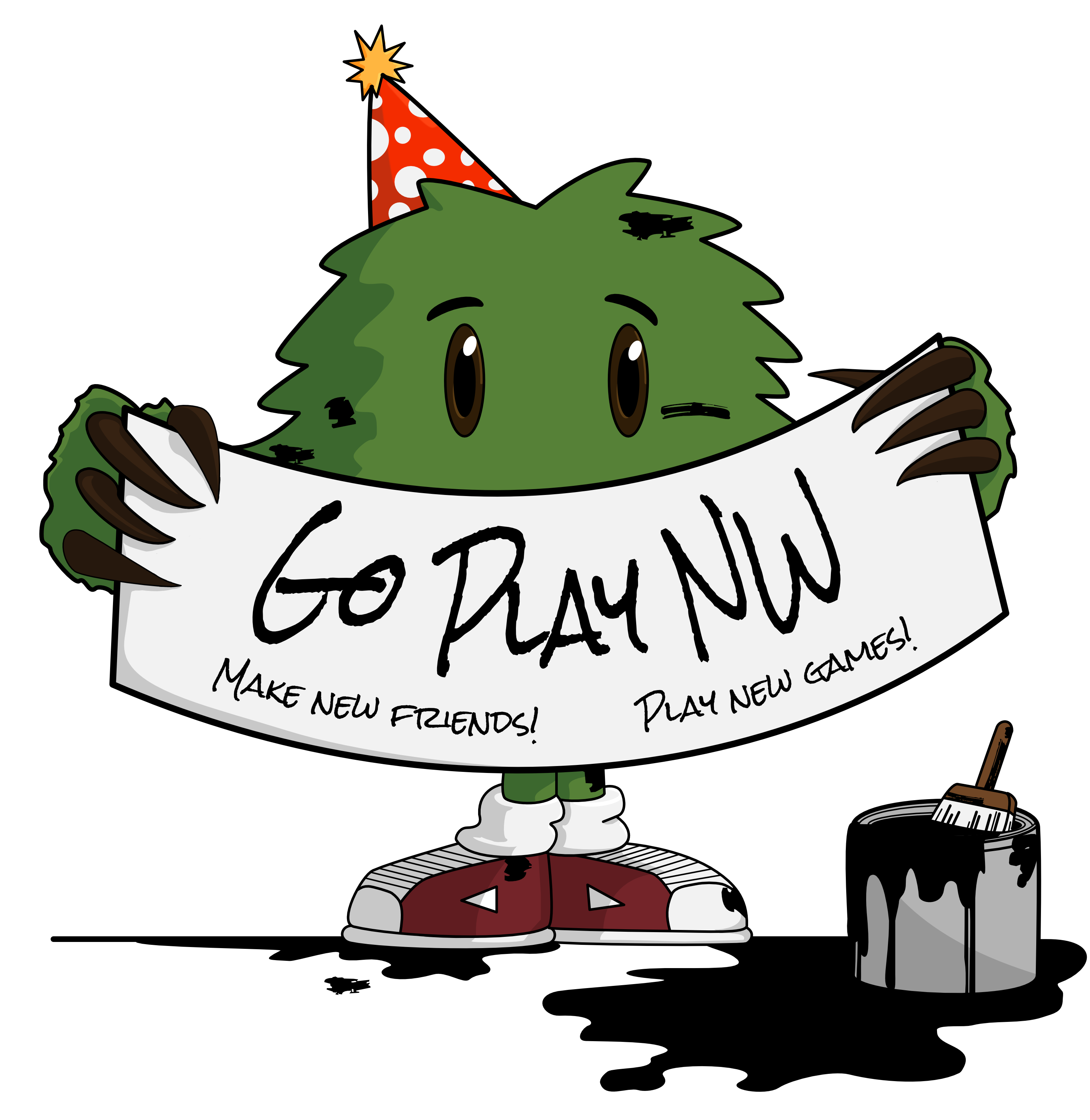 Fuzzy green monster mascot Go holding a banner saying 'Go Play NW'